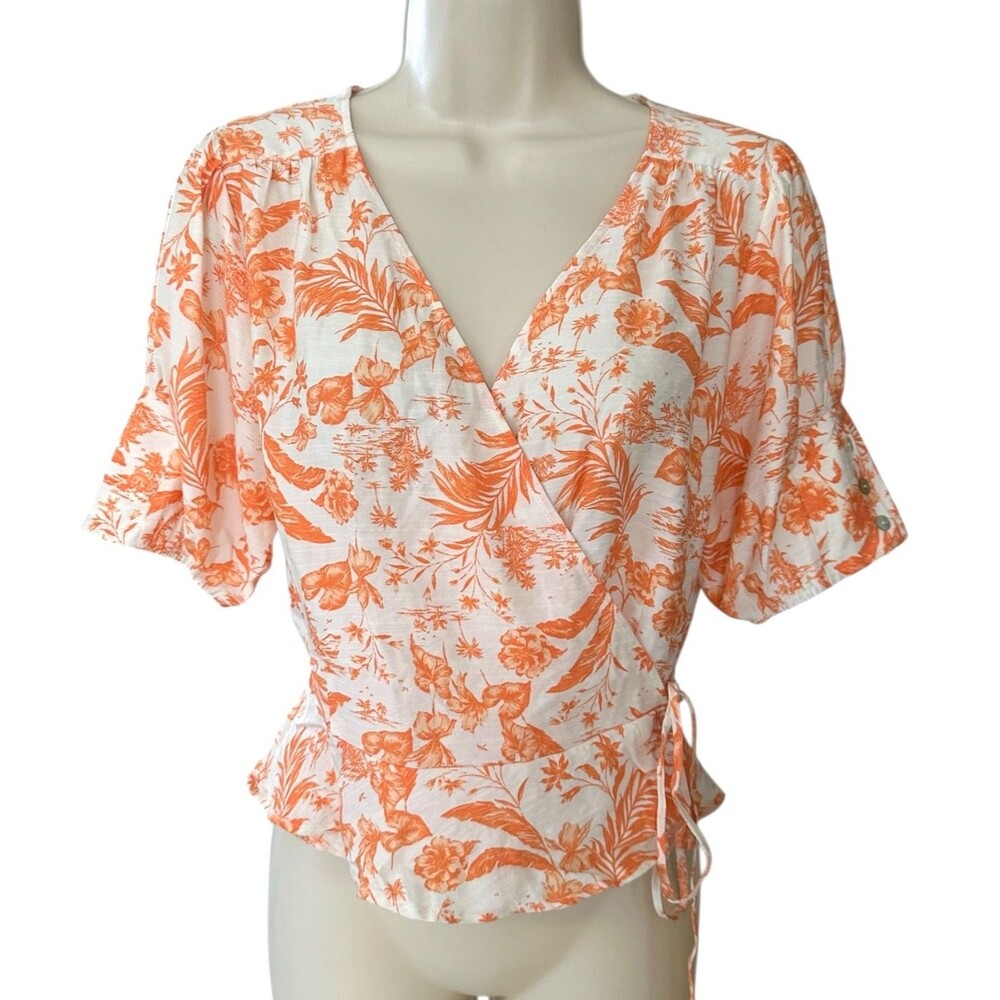 MNG Mango Women's Crop Wrap Top Short Sleeve V-Neck Viscose Size 6 Orange Ivory